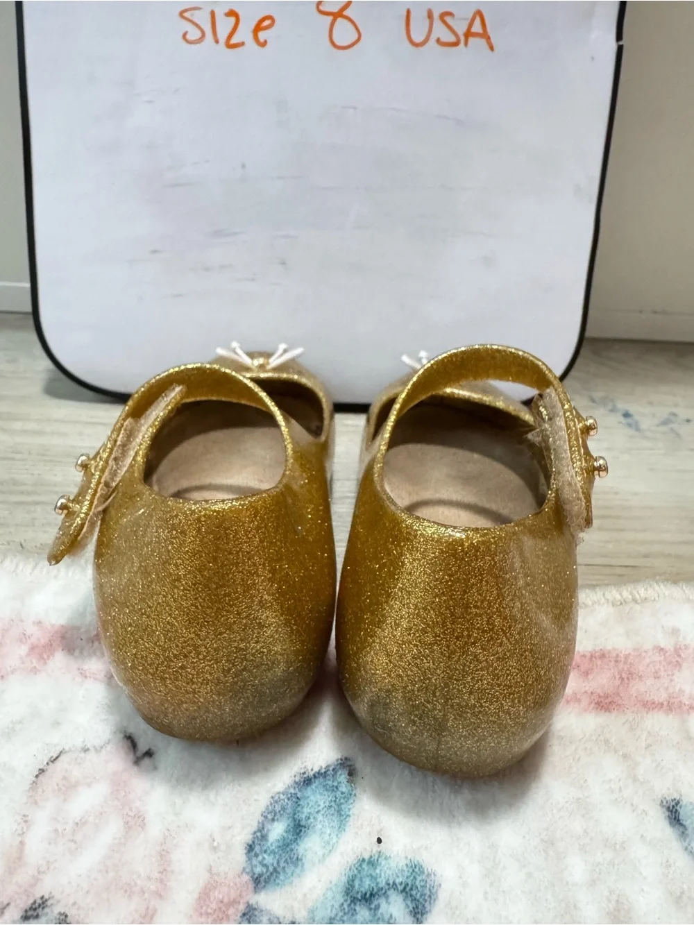 Mini Melissa Girls' Gold Glitter Mary Jane with Bow Accent
